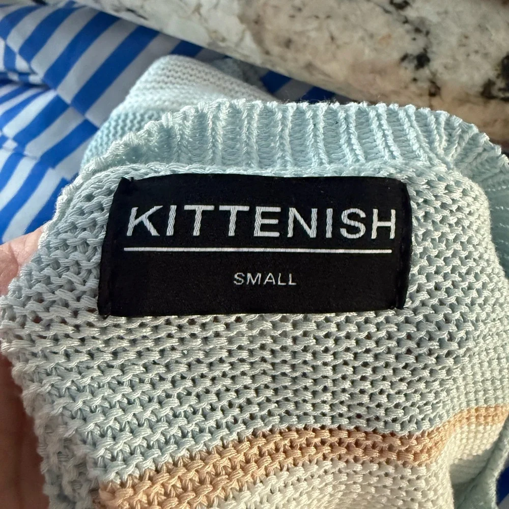 KITTENISH Blue Cream Striped Cropped Knit Sweater Women’s Small - Picture 6 of 7